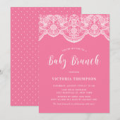 Witte Brocade Kant Roze Baby Brunch Kaart (Voorkant / Achterkant)
