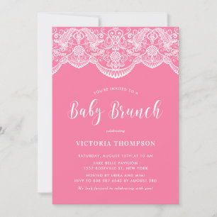 Witte Brocade Kant Roze Baby Brunch Kaart