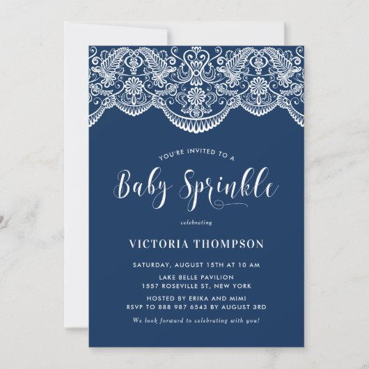 Witte Brocade Lace Navy Blue Baby Sprinkle Kaart (Voorkant)