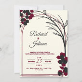 Witte bruiloft uitnodiging met bordeaux bloemen (Voorkant)