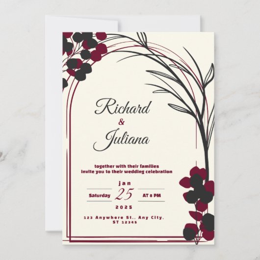 Witte bruiloft uitnodiging met bordeaux bloemen (Voorkant)