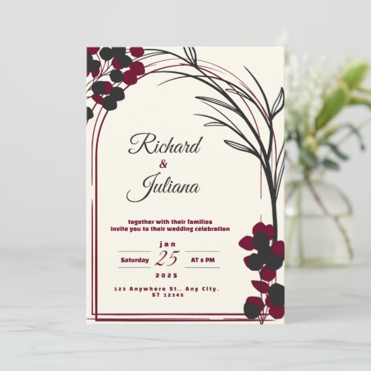 Witte bruiloft uitnodiging met bordeaux bloemen (Staand voorkant)