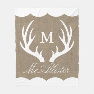 Witte Buck Antlers Burlap Naam Witte Grens Fleece Deken