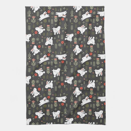 Witte Bunnies en lentbloemen Theedoek (Verticaal)