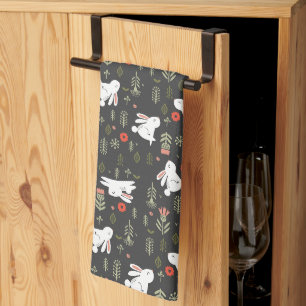Witte Bunnies en lentbloemen Theedoek