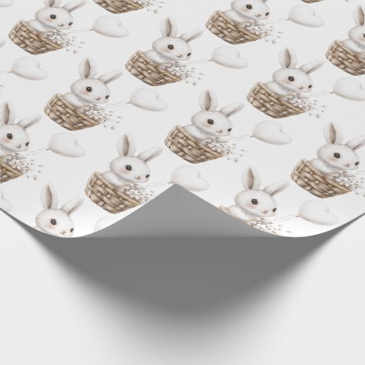 Witte Bunny Hearts in een Basket Baby shower Cadeaupapier (Hoek)