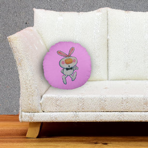 Witte Bunny Roze Cheeks Thumbs Up Sign Roze Lijnen Rond Kussen