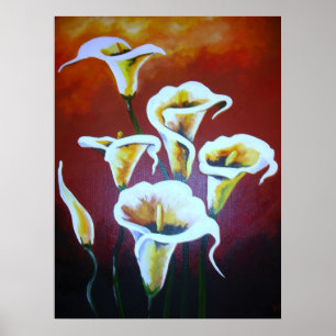 Witte Calla Lilies artistieke snijbloemen op bruin Poster