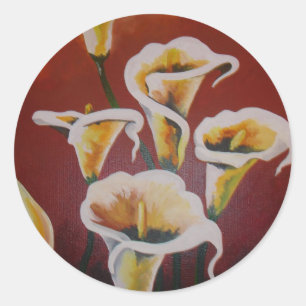 Witte Calla Lilies artistieke snijbloemen op bruin Ronde Sticker