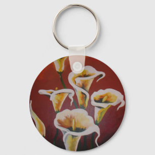 Witte Calla Lilies artistieke snijbloemen op bruin Sleutelhanger