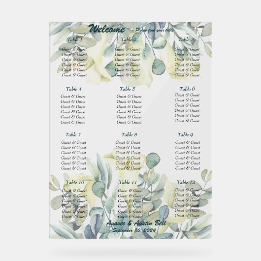 Witte Calla Lily en Eucalyptus Acryl Bord (Voorkant)