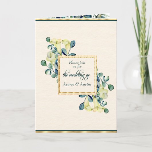 Witte Calla Lily en Eucalyptus Ivoor en Goud (Voorkant)