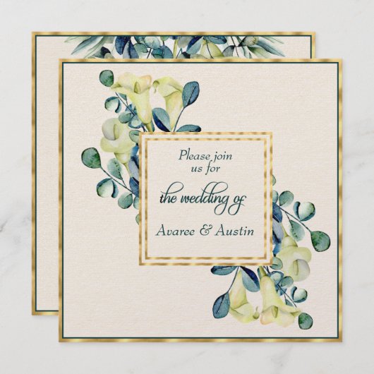 Witte Calla Lily en Eucalyptus Ivoor en Goud Kaart (Voorkant / Achterkant)