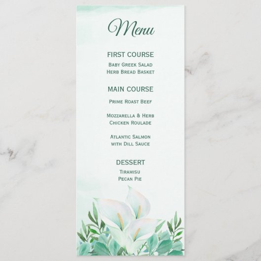 Witte Calla Lily monogram menu's (Voorkant)