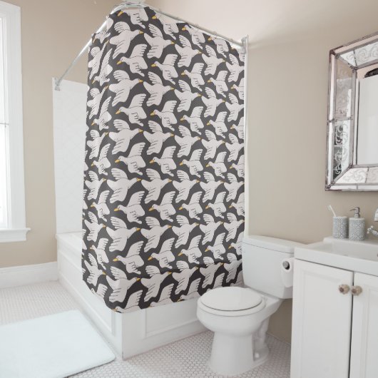 Witte Cartoon Goose Geometric Pattern Dark Grey Douchegordijn (In situ)