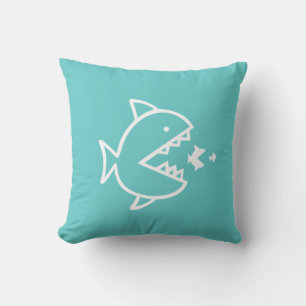 witte CARTOON VIS op turquoise blauwe kussen