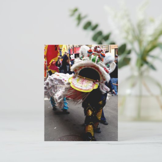 Witte Chinese leeuwendanseres, hoofd op Briefkaart (Staand voorkant)