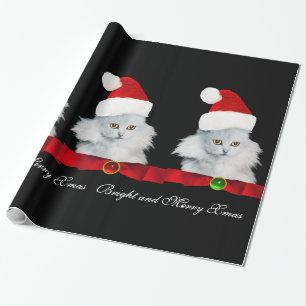 WITTE CHRISTMAS CAT, SANTA CLAUS PET EN RODE RIBBO CADEAUPAPIER