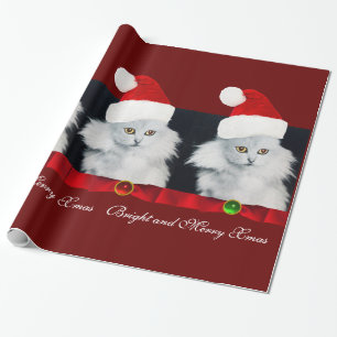 WITTE CHRISTMAS CAT, SANTA CLAUS PET EN RODE RIBBO CADEAUPAPIER