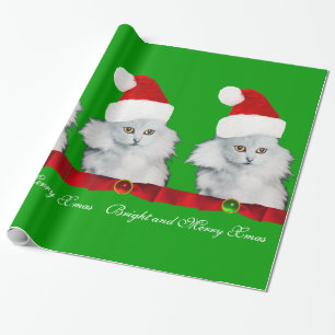 WITTE CHRISTMAS CAT, SANTA CLAUS PET EN RODE RIBBO CADEAUPAPIER