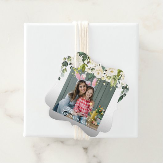 Witte Cream Bloemen Gouden Foto Egg Hunt Pasen Bedankjes Labels (In situ)