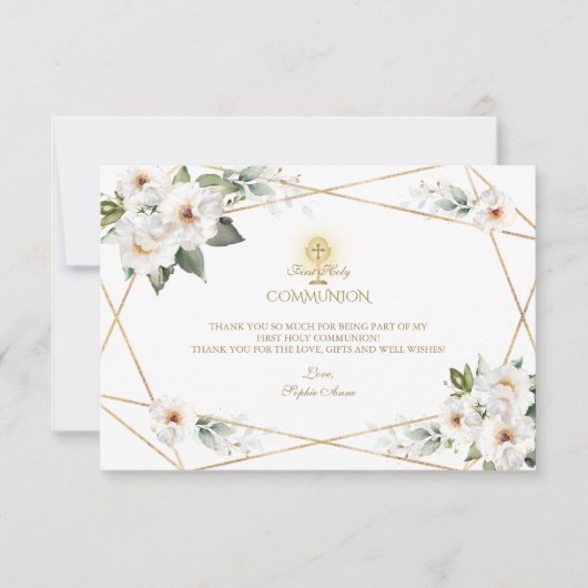 Witte Crème Bloem Goud Meisje Eerste Heilige Commu Bedankkaart (Voorkant)