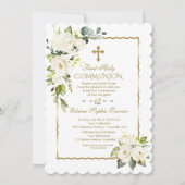 Witte Crème Bloemen Goud Eerste Heilige Communie Kaart (Voorkant)
