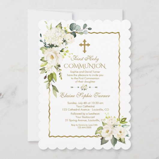 Witte Crème Bloemen Goud Eerste Heilige Communie Kaart (Voorkant)
