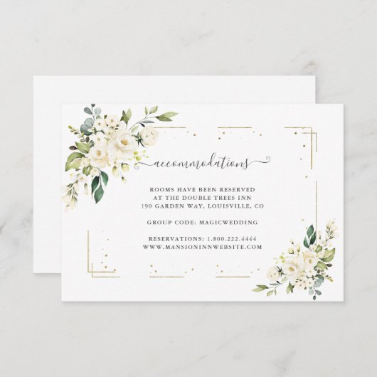 Witte Crème Bloemen Gouden Trouw Accommodaties Informatiekaartje (Voorkant / Achterkant)