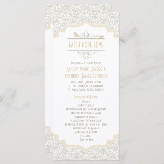 Witte Crème Champagne Kant Vogels Trouwprogramma Programma (Voorkant / Achterkant)