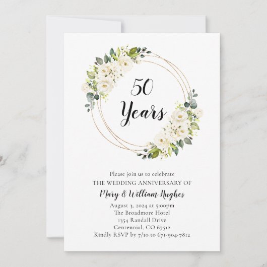 Witte Crème Floral 50e bruiloft Jubileum Kaart (Voorkant)