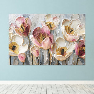 Witte, Crème, Roze en Bourgondische tulpen met gou Canvas Afdruk