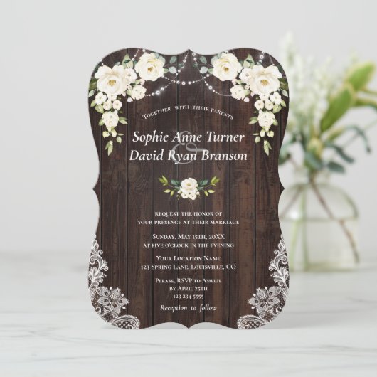  witte crèmebloemen - Hout Weddenschap Kaart (Staand voorkant)