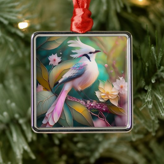 Witte Crested Blush Tail Jay Fantasy Bird Metalen Ornament (Boom)