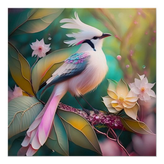 Witte Crested Blush Tail Jay Fantasy Bird Perfect Poster (Voorkant)