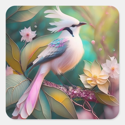 Witte Crested Blush Tail Jay Fantasy Bird Vierkante Sticker (Voorkant)