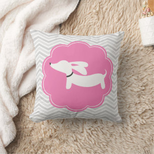 Witte Dachshund Roze Grijze Chevrons Kussen Kweker