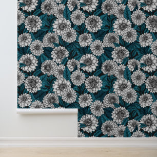 Witte Dahlia tuin/ blauwe bladeren 2 Behang