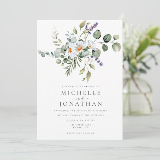 Witte Daisies Bruiloft uitnodiging met QR Code (Staand voorkant)