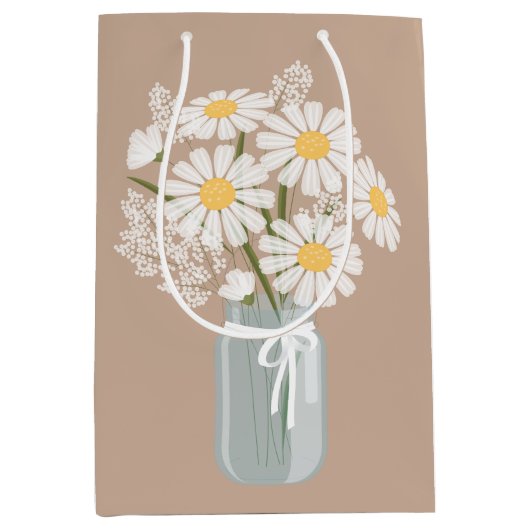 Witte Daisies Mason Jar op Beige Medium Cadeauzakje (Voorkant)