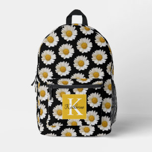 Witte Daisies op zwarte achtergrond Monogram Bedrukte Rugzak
