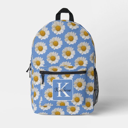 Witte Daisies Patroon Blauw Monogram Bedrukte Rugzak (Voorkant)