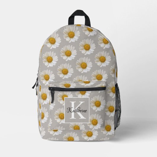 Witte Daisies Patroon Grijs Monogram Bedrukte Rugzak (Voorkant)