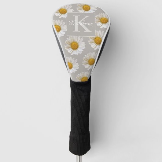 Witte Daisies Patroon Grijs Monogram Golfheadcover (Voorkant)