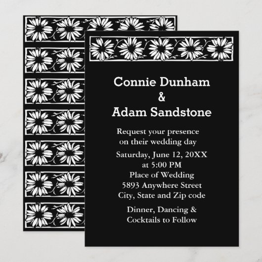 Witte Daisies Zwart Rand Patroon Bruiloft Kaart (Voorkant / Achterkant)