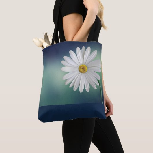 Witte Daisy Blauw/Blauwgroen Achtergrond Draagtas (Dichtbij)