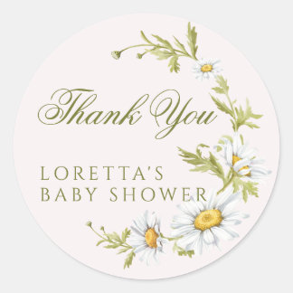 Witte Daisy Bloemachtige Baby Shower Bedankt Roze Ronde Sticker