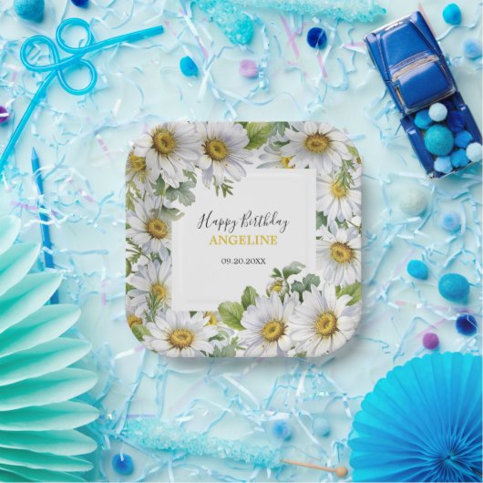 Witte Daisy Bloemen Greenery Verjaardag Papieren Bordje (Feest)