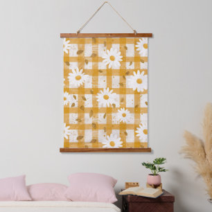 Witte Daisy Bloempatroon op Gele Gingham (2) Hangend Wandkleed