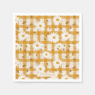 Witte Daisy Bloempatroon op Gele Gingham (2) Servet